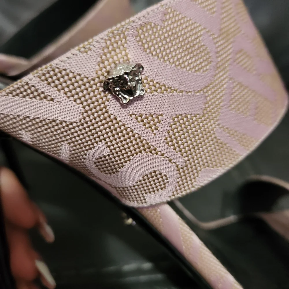 Versace Allover Logo Jacquard Pink Square Open Toe Heel NEW - Picture 8 of 11